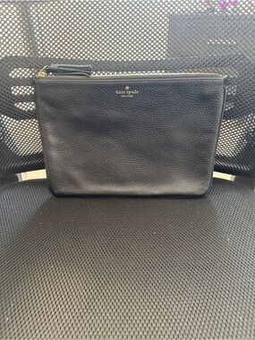 kate spade navy black pebbled leather toiletry pouch with gold logo